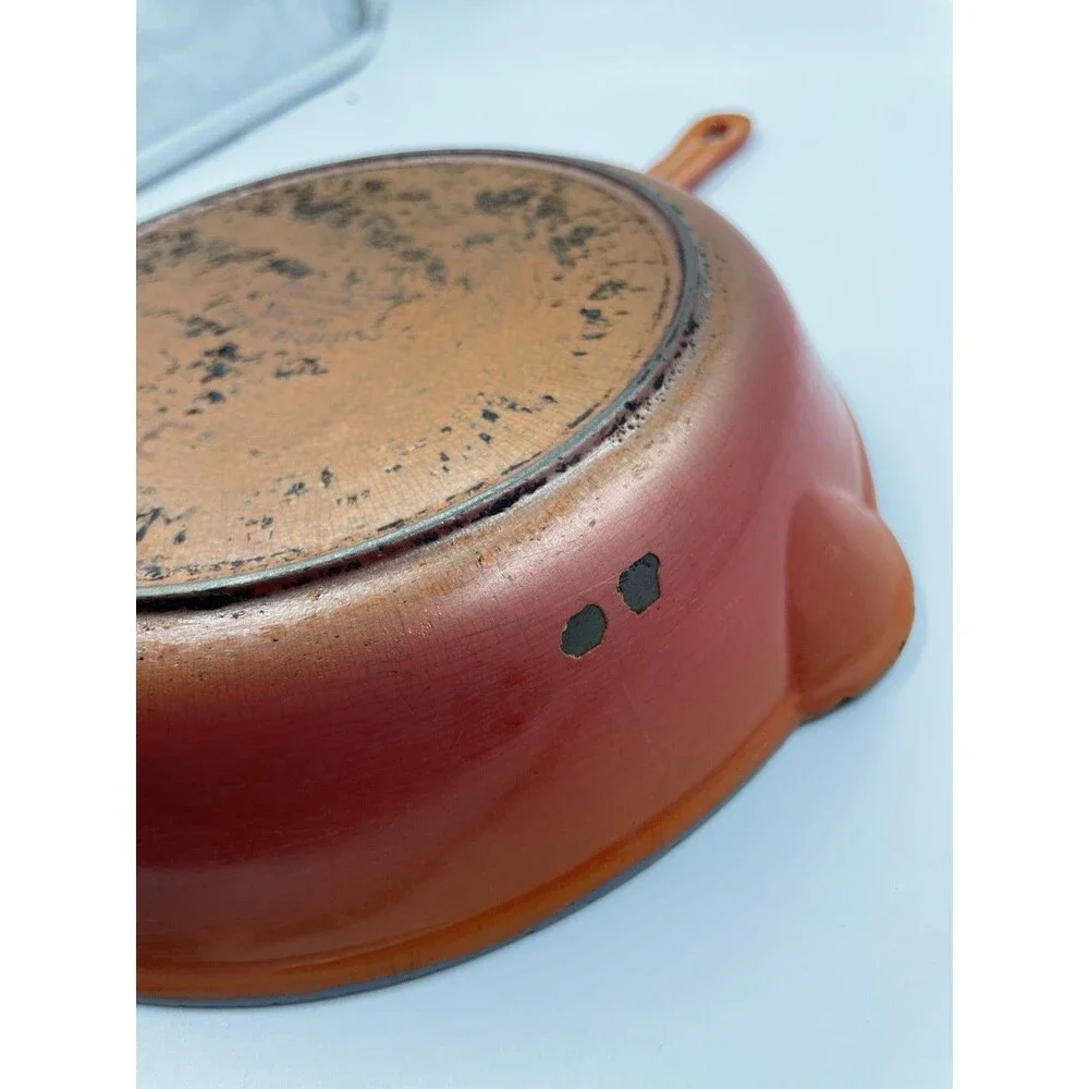 Vintage Descoware Flame Orange 9” Cast Iron Enamel Fry Pan Belgium